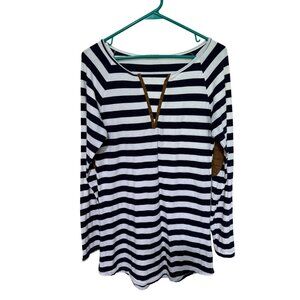 ETWO Dress Tunic Navy White Stripe with Brown Patches Knit Womans S